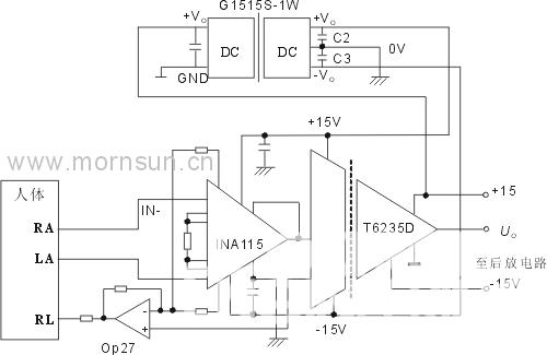 圖2: 隔離型心電檢測(cè)前置放大電路