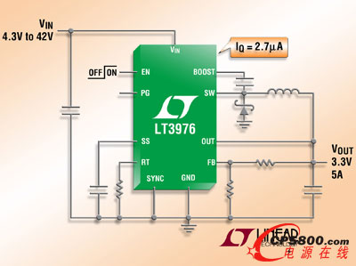 IQ = 2.7µA 的 42V、2.5A / 5A (IOUT)、2MHz 降壓型 DC/DC 轉換器