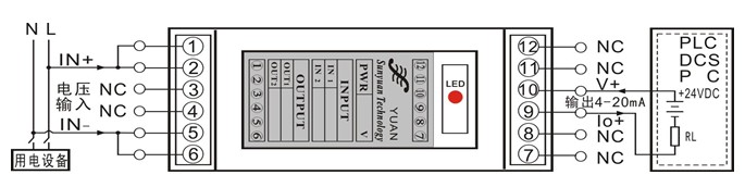 典型應用2. 交流電壓信號輸入,二線制4-20mA回路饋電輸出方式