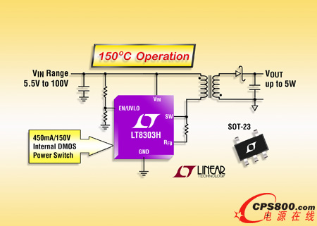 100V 無(wú)光耦合反激式穩(wěn)壓器在 SOT-23 封裝中提供 5W 功率并可工作在 150ºC